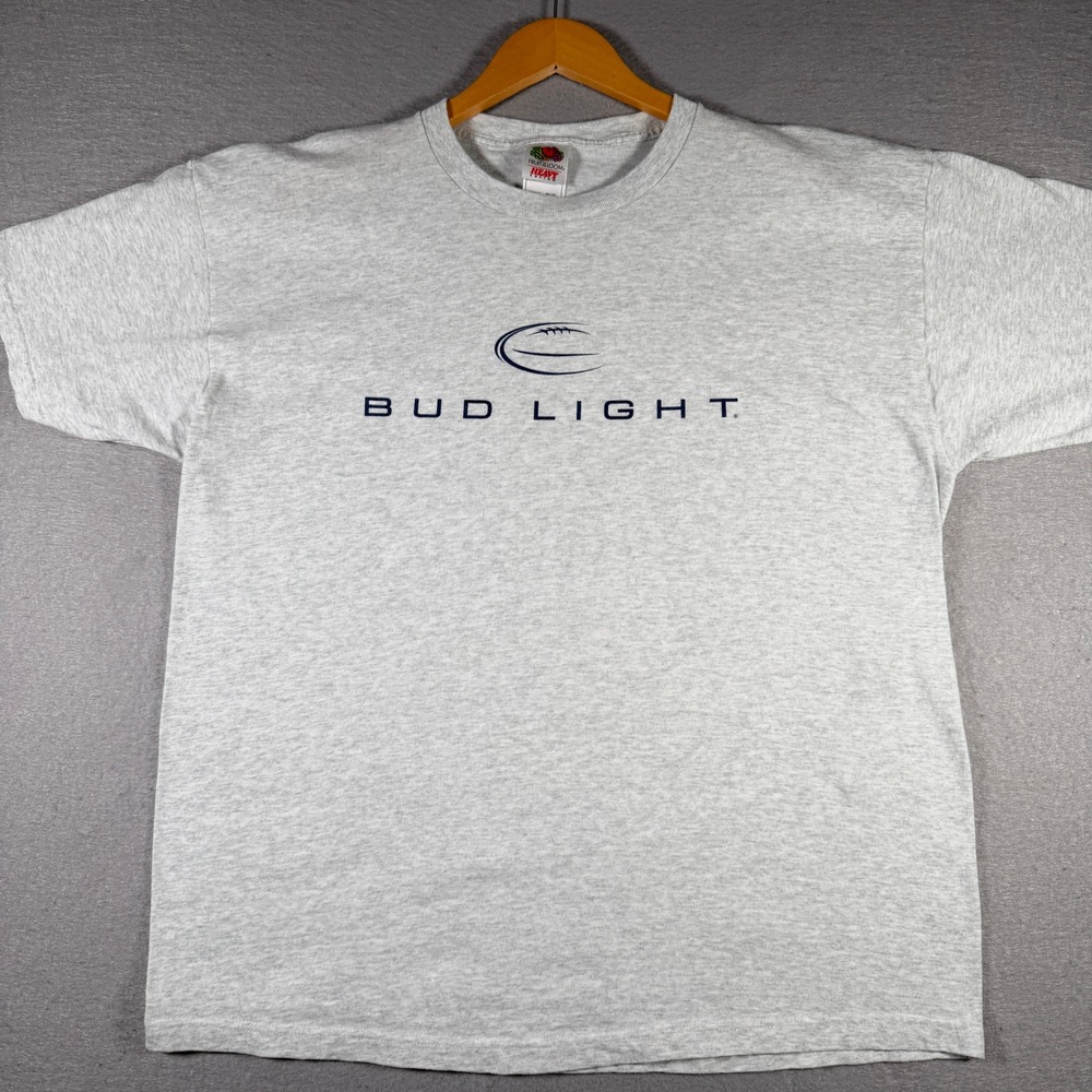 Vintage Bud Light Football Graphic T-Shirt Mens XL Gray Fruit of the Loom Heavy